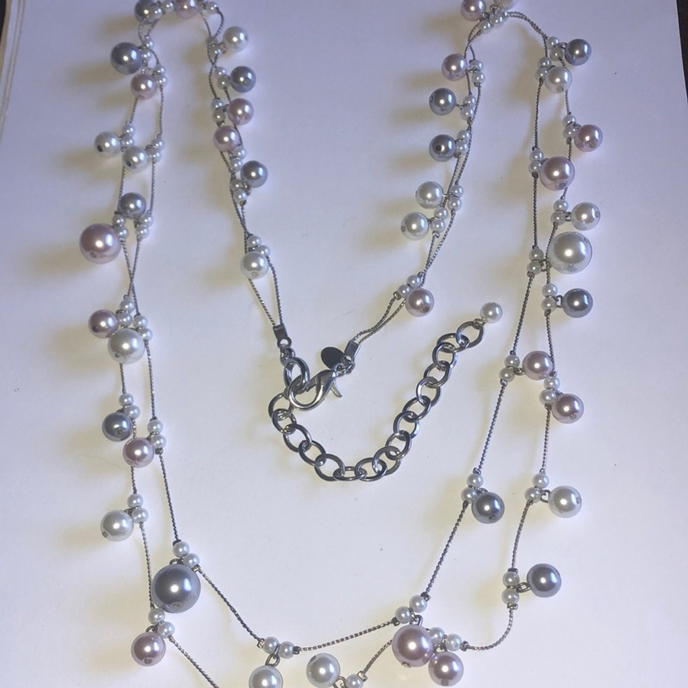 Chico's Silver Tone Faux Pearl Beaded Boho Double Strand Necklace